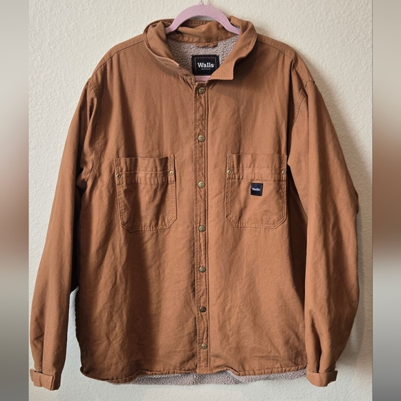 Walls Workwear Sherpa Lined Jacket Brown Canvas Snap Front Coat Warm Utility S2X - Picture 2 of 11